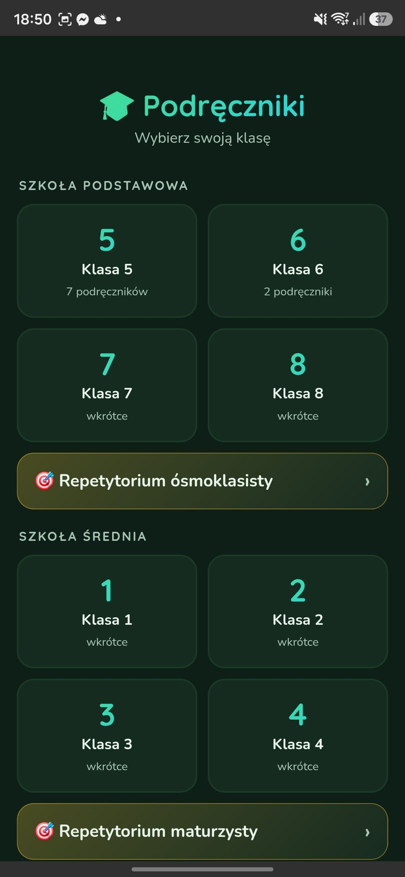 Ekran startowy: wybór klasy w szkole podstawowej i średniej oraz repetytoria
