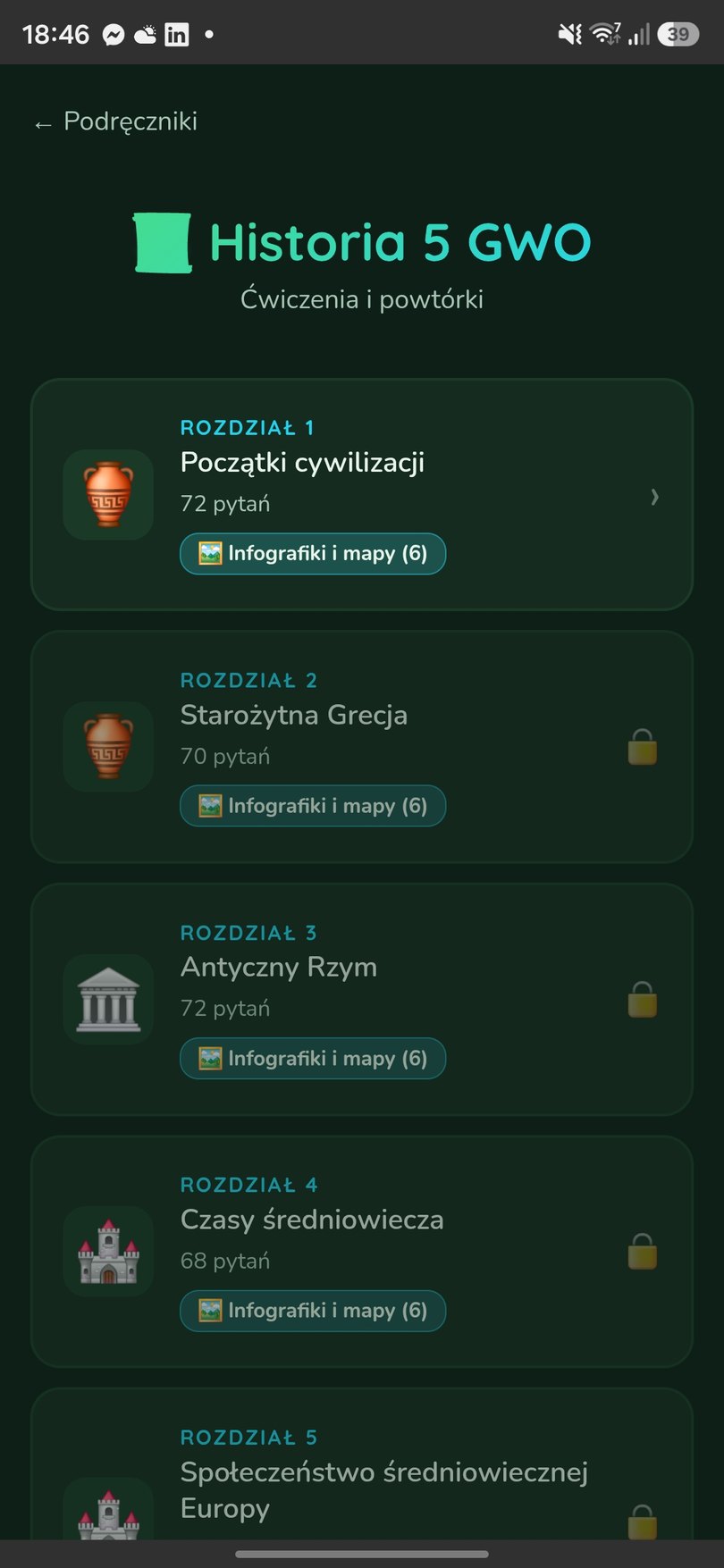 Lista rozdziałów podręcznika Historia 5 GWO z liczbą pytań i infografik
