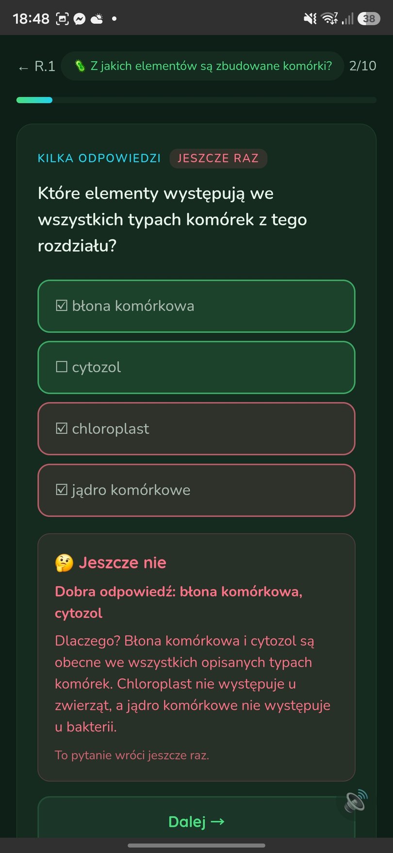 Informacja zwrotna po błędnej odpowiedzi z wyjaśnieniem, dlaczego